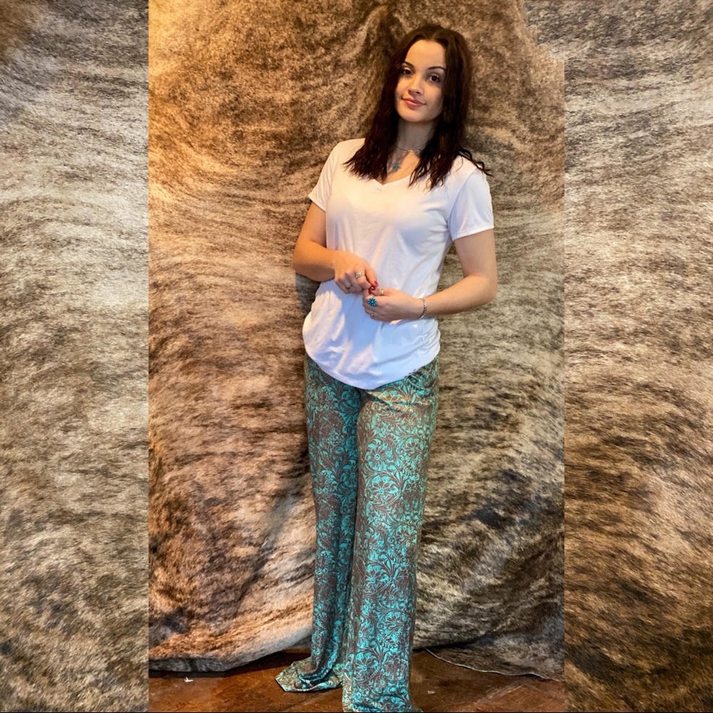 Tooled Turquoise Palazzo Pants - Picture 1 of 6